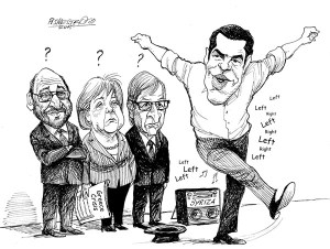 karikatur für tribüne- skeptische blicke